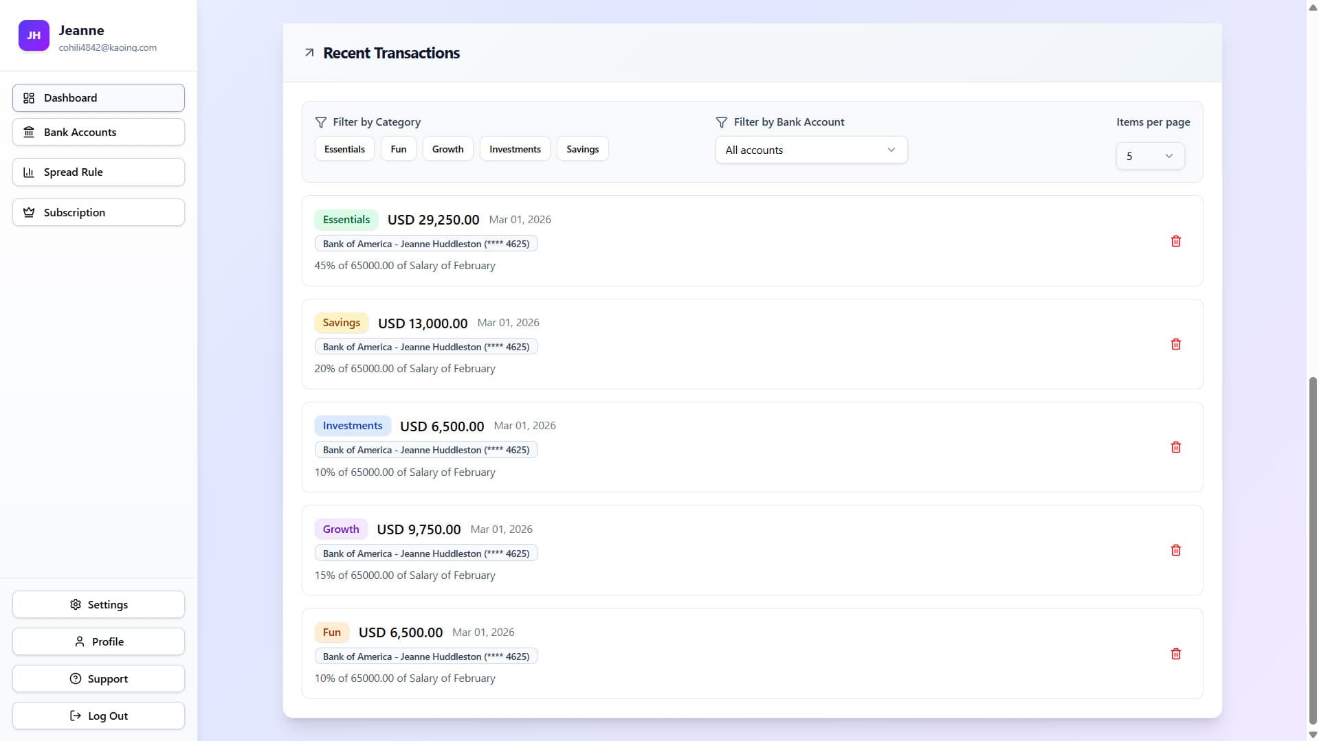 MoneyJars transaction list with jar allocations